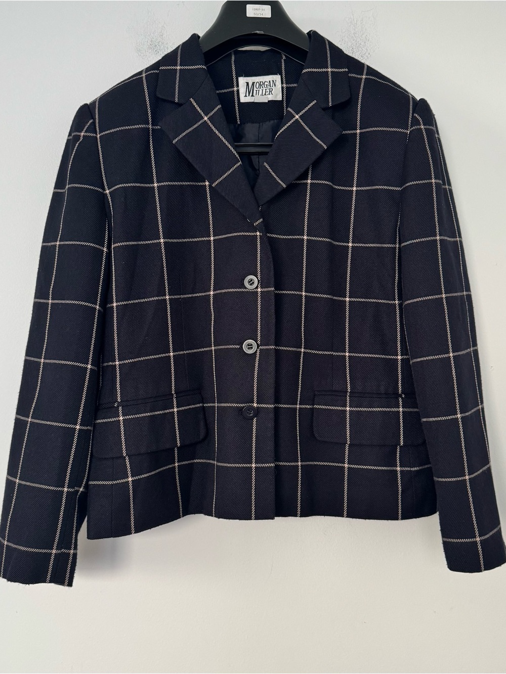 Vtg Morgan Miller Blazer Jacket Womens 14 Black White Windowpane Grid Plaid 90s